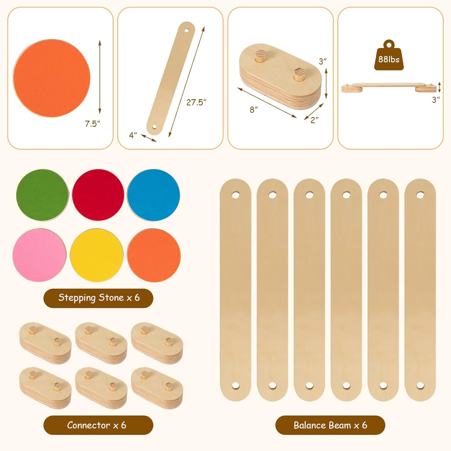 Set Travi di Equilibrio e Pietre da Passeggio in Legno Montessori