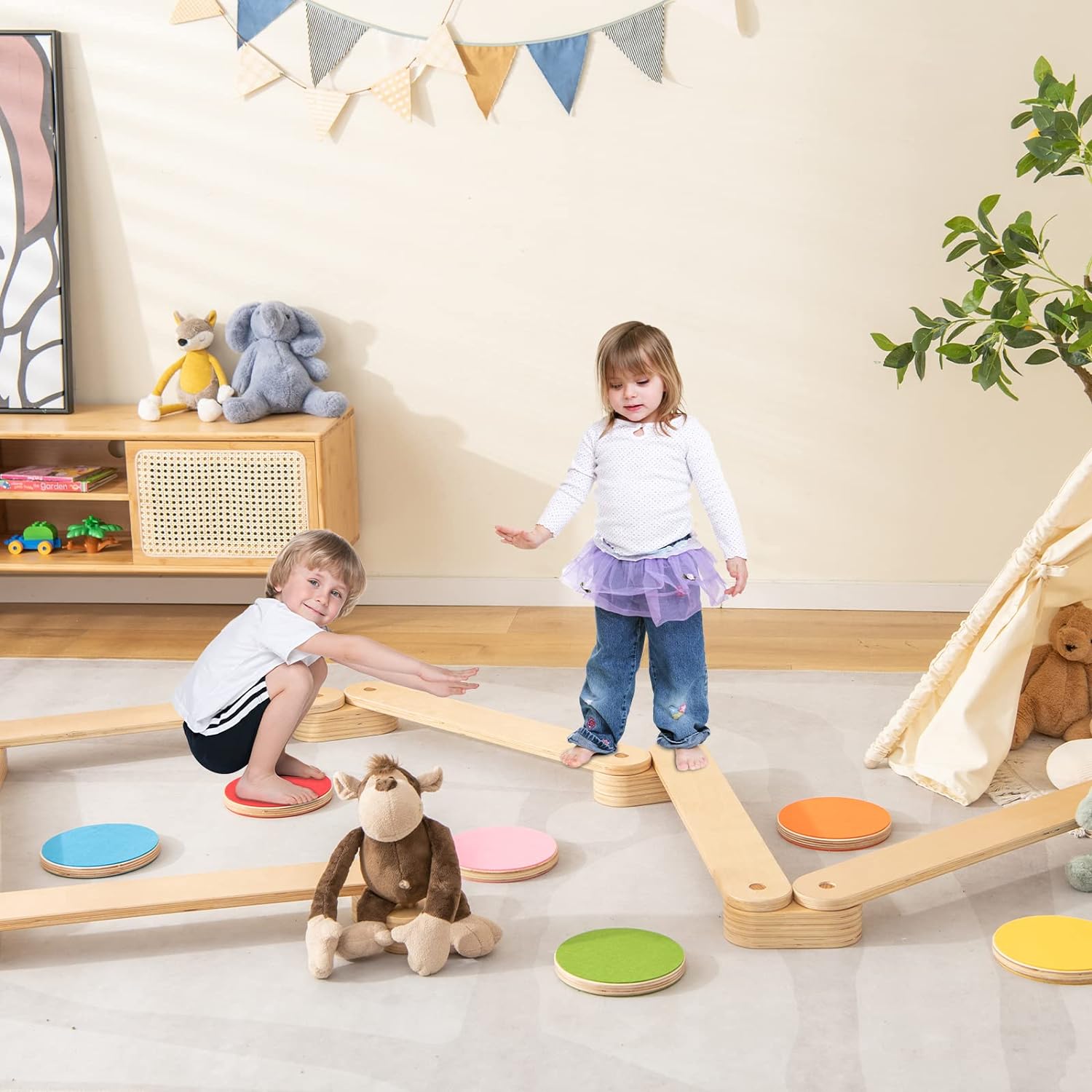 Set Travi di Equilibrio e Pietre da Passeggio in Legno Montessori