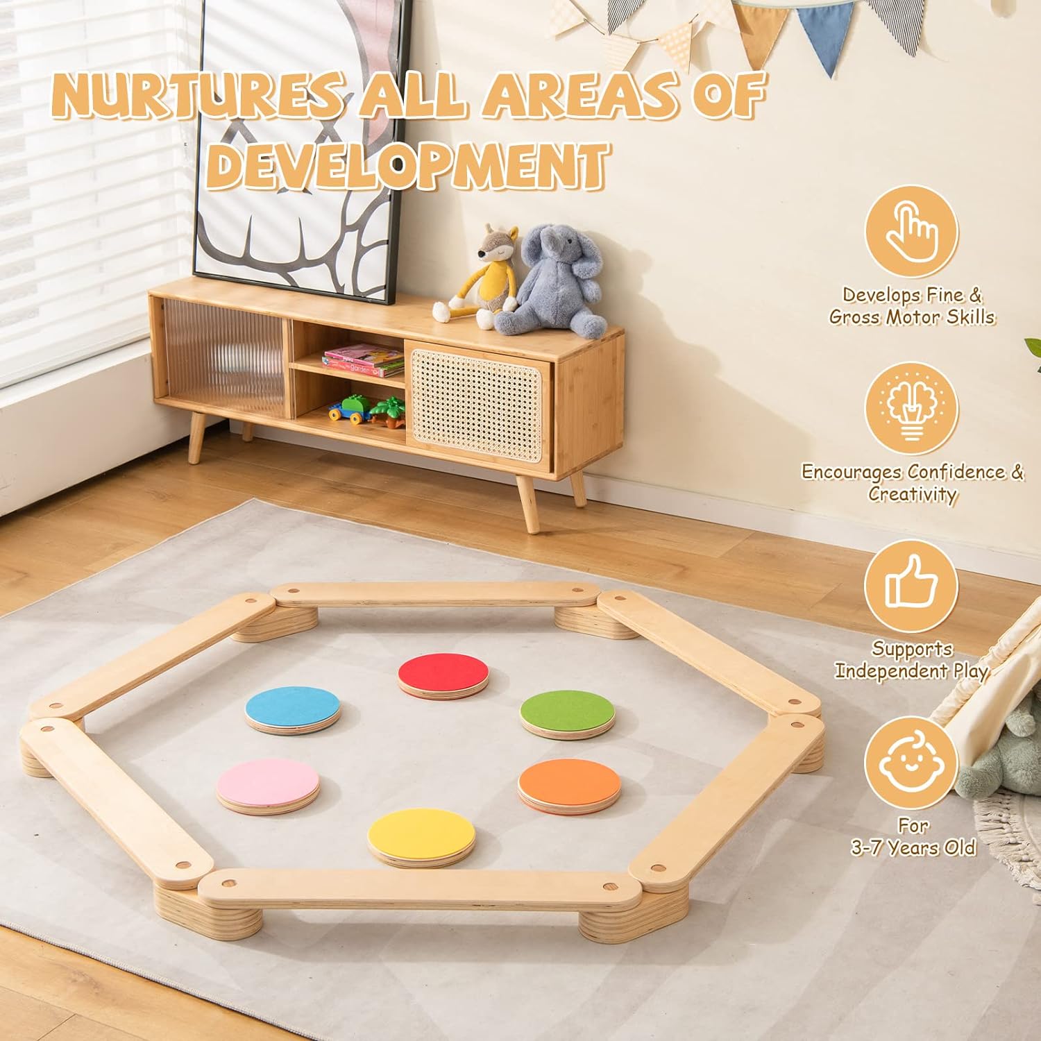 Set Travi di Equilibrio e Pietre da Passeggio in Legno Montessori