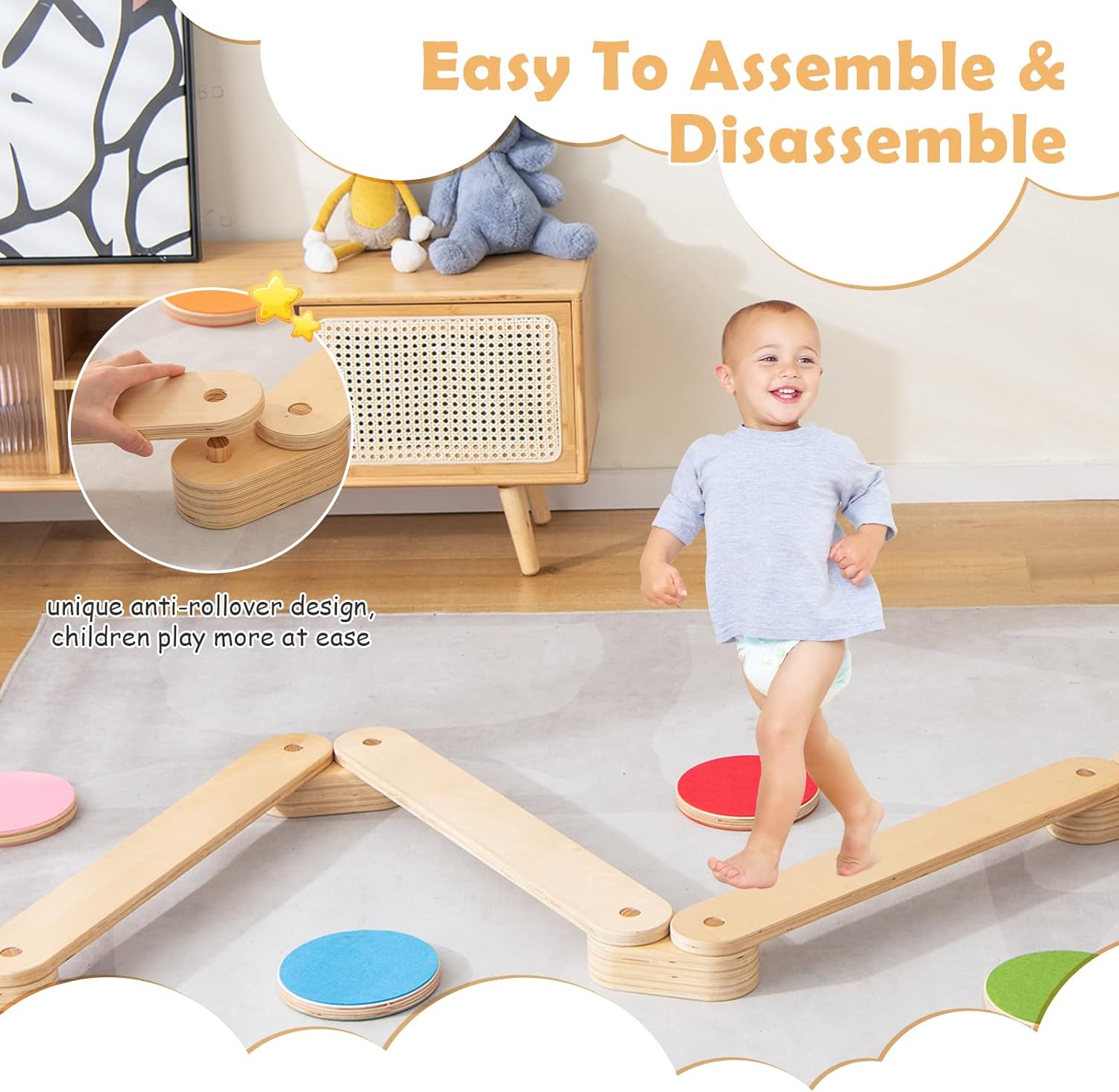 Set Travi di Equilibrio e Pietre da Passeggio in Legno Montessori